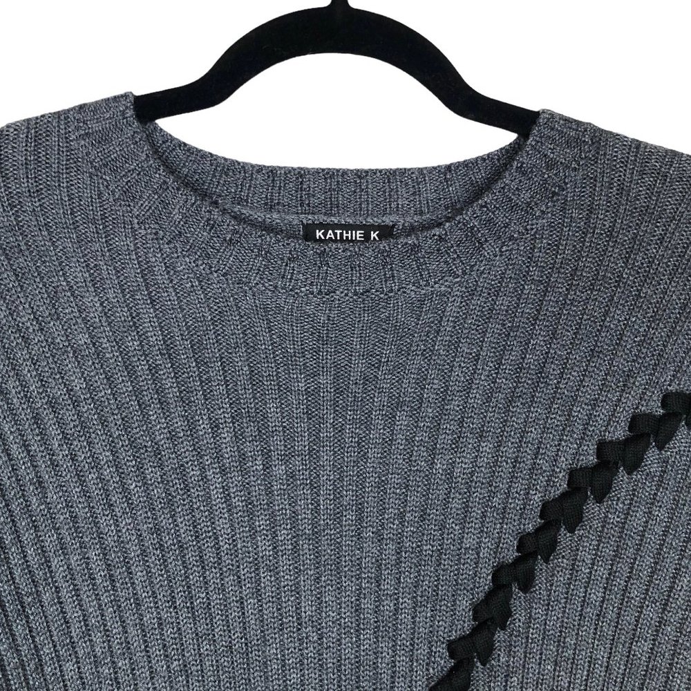 Kathie K Gray Ribbed Sweater Black Lace Up Detail Long Sleeve Round Neck Size M - Picture 3 of 7